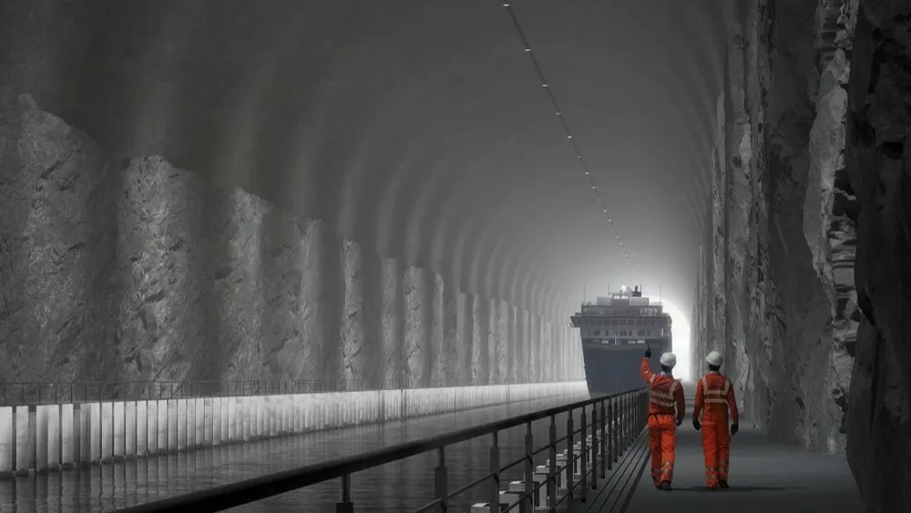 Satd skipstunnel innside med folk illustrasjon Kystverket Snohetta Plomp