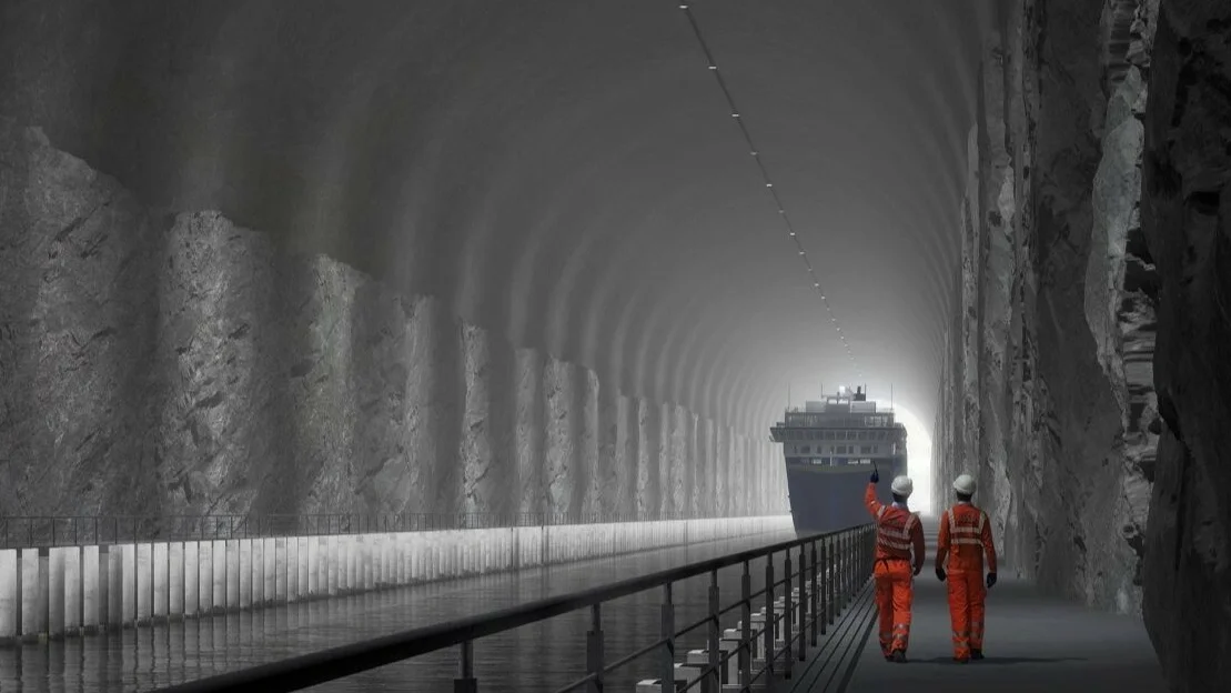 Stad skipstunnel innside med folk illustrasjon Kystverket Snohetta Plomp
