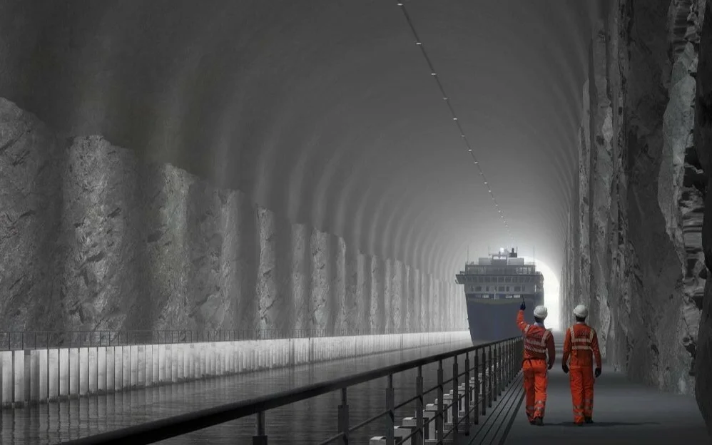 Stad skipstunnel innside med folk illustrasjon Kystverket Snohetta Plomp