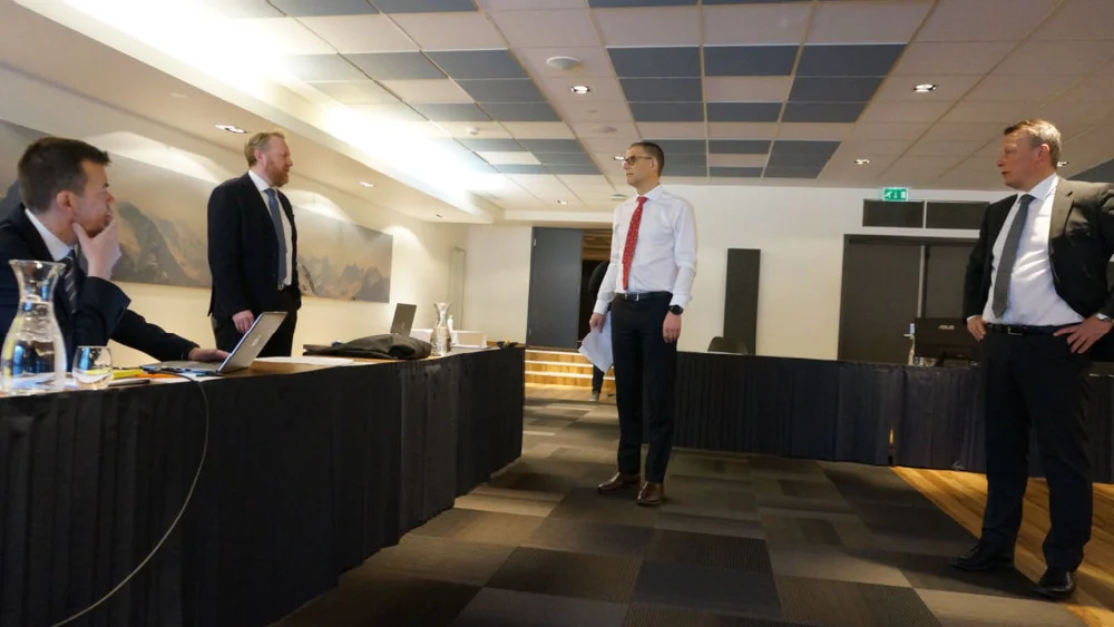 Aurstadrettsak 1 dag fv Bjørn Sverre Grenager Bård Thorsen økokrim Vegard Aaløkken Jan Erik Teigum forsvararar foto Ogne