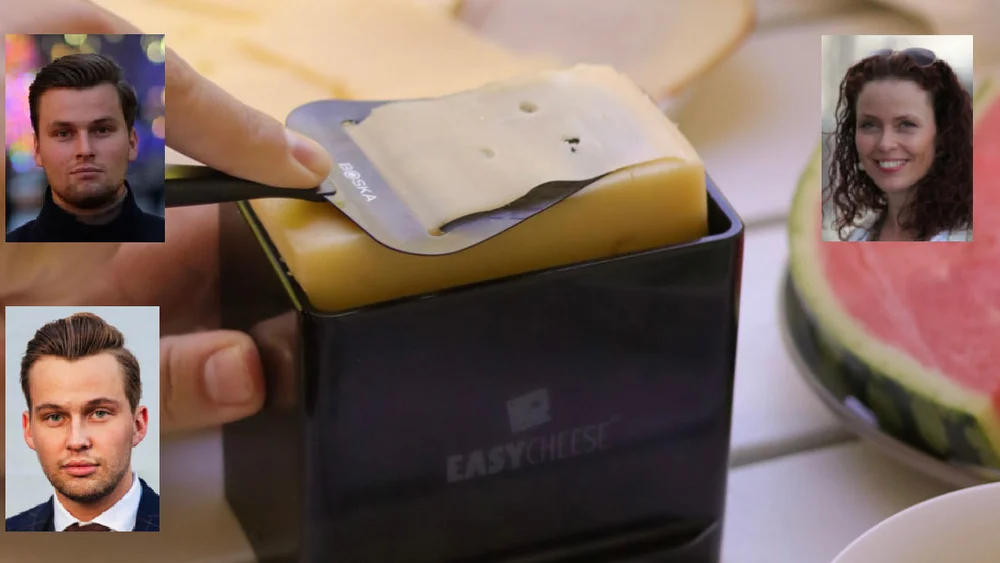 Osteklokke Easy Cheese med Håkon oppe tv og Halvard Engeset og Lise Marita Sande innfelt foto Easy Cheese as
