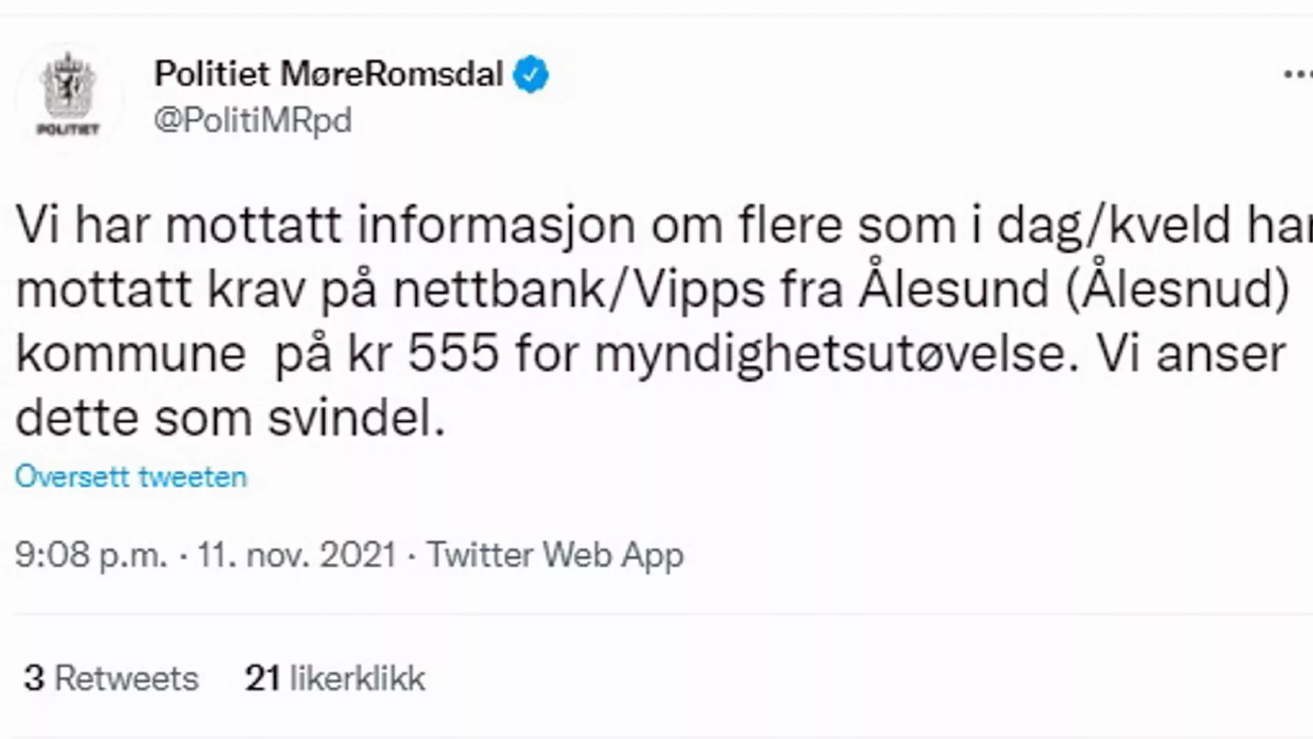 Skjermdump politiet mr twitter svindelfaktura 1